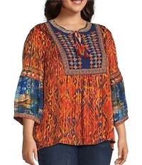 John Mark Plus Size Geometric Boho Spice Marble Print Embroidered Tassel Tie Split Neck 3/4 Sleeve Peasant Top