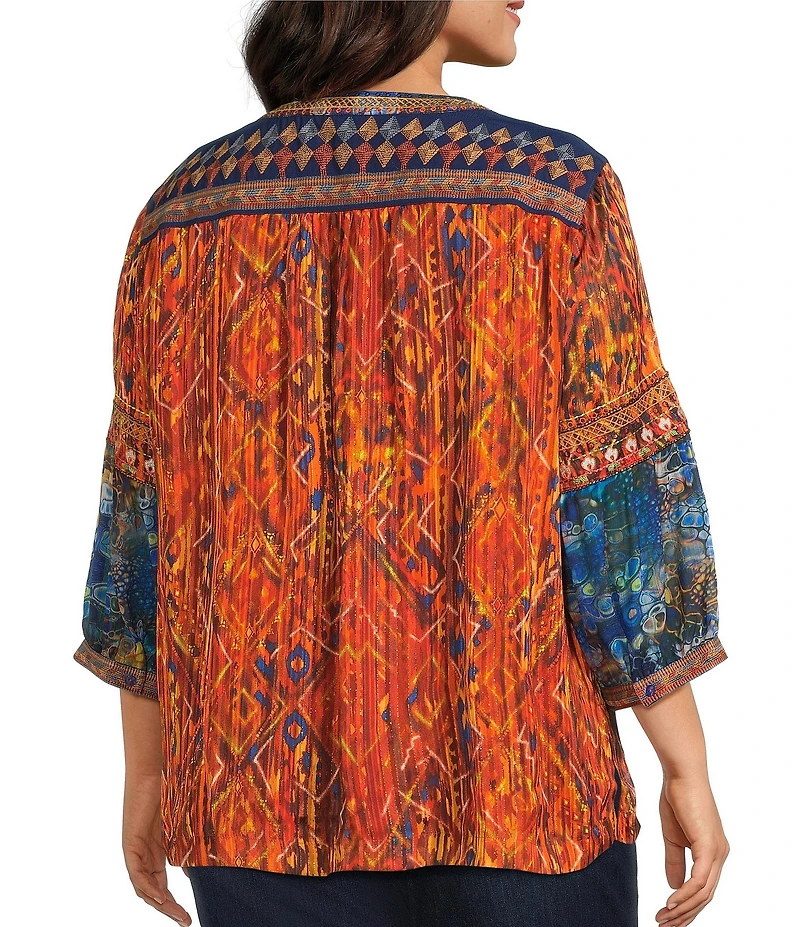 John Mark Plus Size Geometric Boho Spice Marble Print Embroidered Tassel Tie Split Neck 3/4 Sleeve Peasant Top