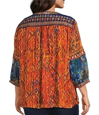 John Mark Plus Size Geometric Boho Spice Marble Print Embroidered Tassel Tie Split Neck 3/4 Sleeve Peasant Top