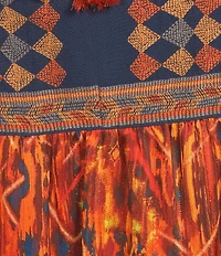 John Mark Plus Size Geometric Boho Spice Marble Print Embroidered Tassel Tie Split Neck 3/4 Sleeve Peasant Top
