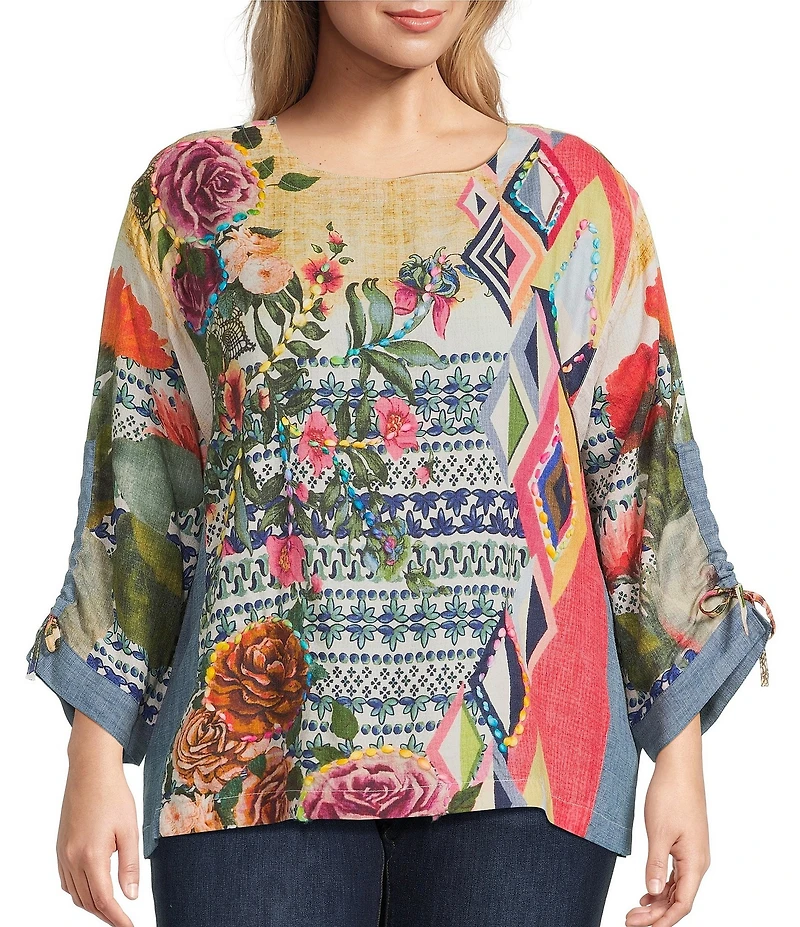 John Mark Plus Size Geometric Floral Border Print Wool Blend Scoop Neck 3/4 Cinched Tie Sleeve Tunic