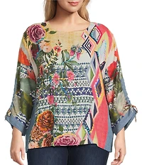 John Mark Plus Size Geometric Floral Border Print Wool Blend Scoop Neck 3/4 Cinched Tie Sleeve Tunic