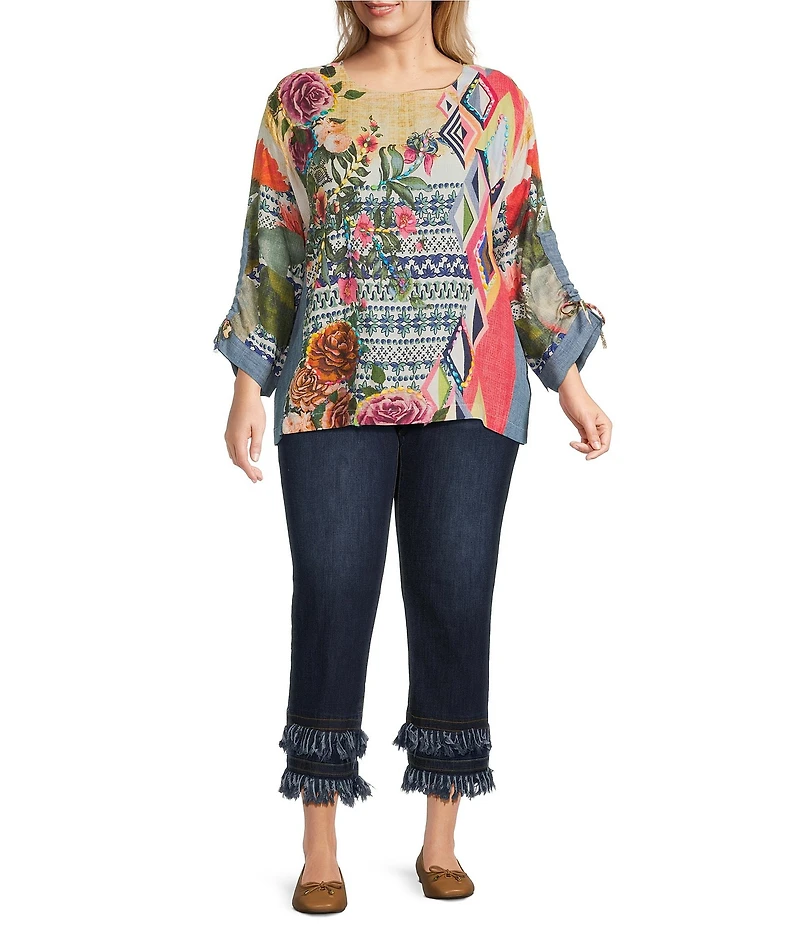 John Mark Plus Size Geometric Floral Border Print Wool Blend Scoop Neck 3/4 Cinched Tie Sleeve Tunic