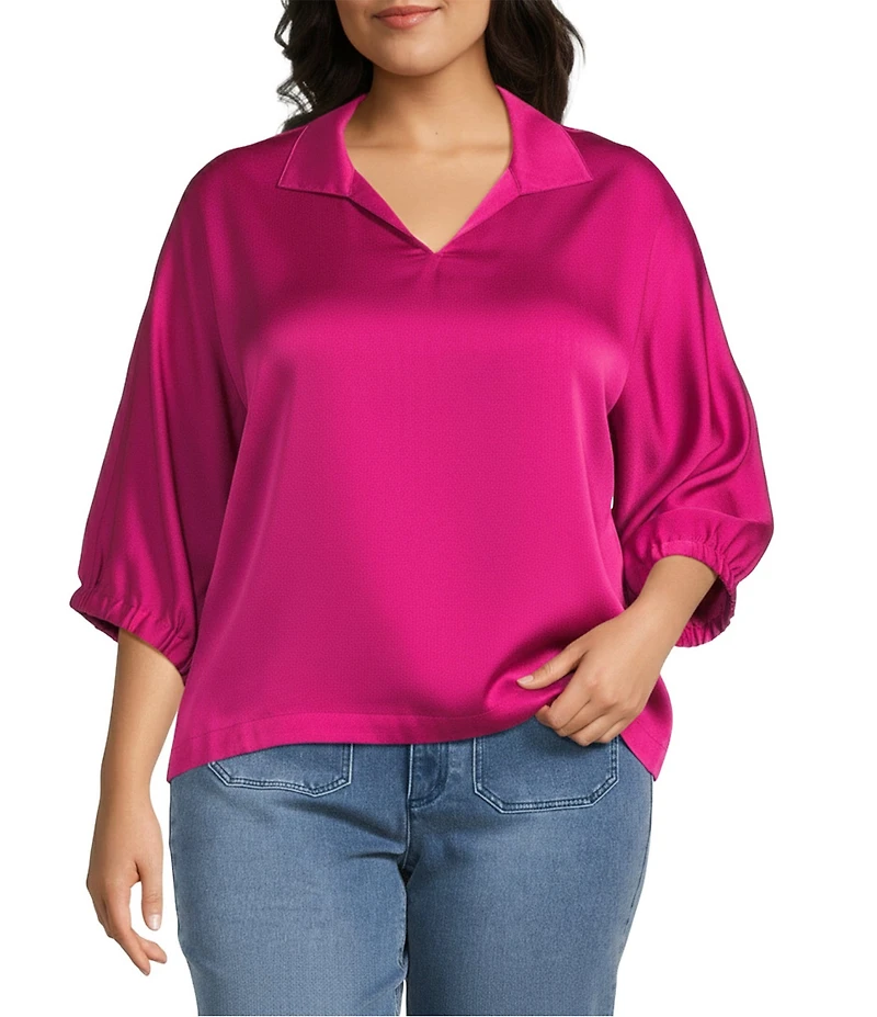John Mark Plus Size Hammered Satin Collared Split V-Neck Short Sleeve Top