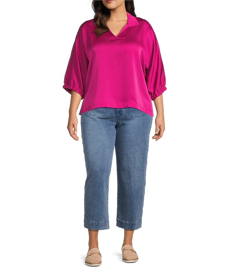 John Mark Plus Size Hammered Satin Collared Split V-Neck Short Sleeve Top