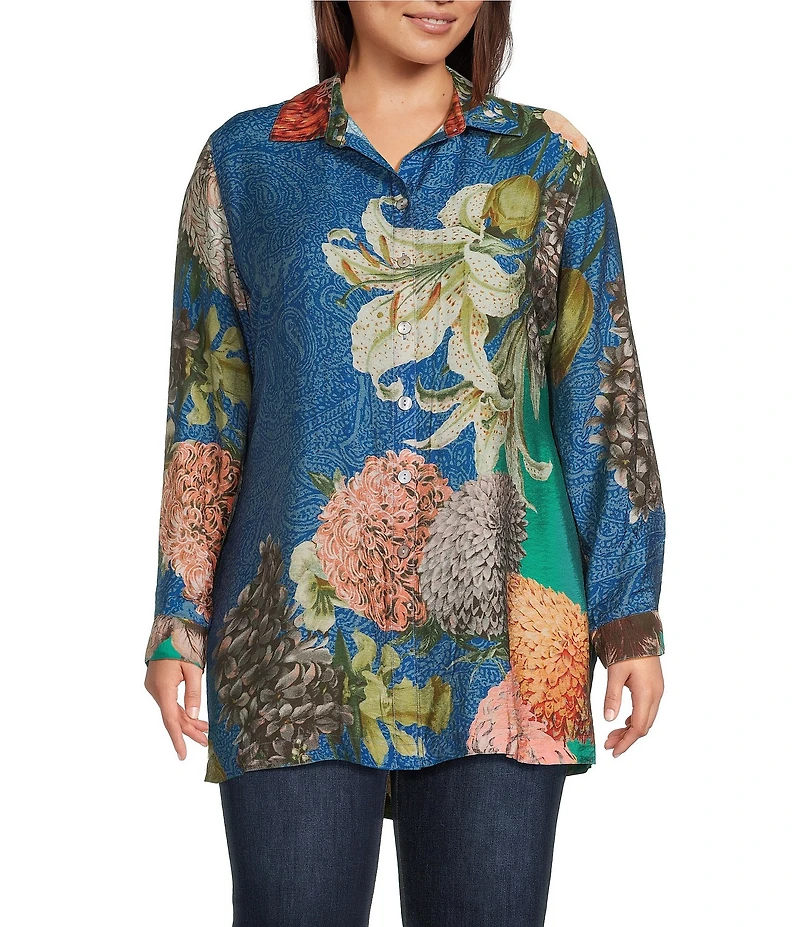 John Mark Plus Size Large Multi Floral Print Point Collar Long Roll-Tab Sleeve Button Front Tunic