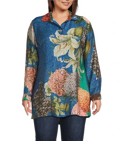John Mark Plus Size Large Multi Floral Print Point Collar Long Roll-Tab Sleeve Button Front Tunic