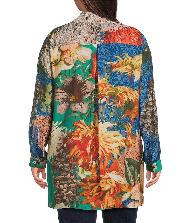John Mark Plus Size Large Multi Floral Print Point Collar Long Roll-Tab Sleeve Button Front Tunic