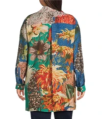 John Mark Plus Size Large Multi Floral Print Point Collar Long Roll-Tab Sleeve Button Front Tunic