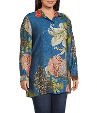 John Mark Plus Size Large Multi Floral Print Point Collar Long Roll-Tab Sleeve Button Front Tunic