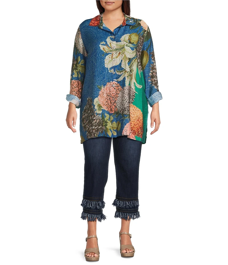 John Mark Plus Size Large Multi Floral Print Point Collar Long Roll-Tab Sleeve Button Front Tunic