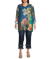 John Mark Plus Size Large Multi Floral Print Point Collar Long Roll-Tab Sleeve Button Front Tunic