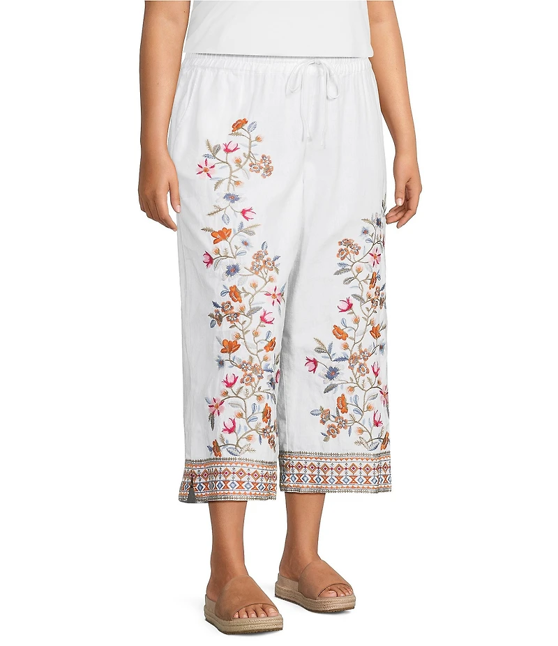 John Mark Plus Size Linen Blend Embroidered Floral Wide Leg Pull-On Pants