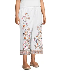 John Mark Plus Size Linen Blend Embroidered Floral Wide Leg Pull-On Pants
