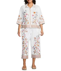 John Mark Plus Size Linen Blend Embroidered Floral Wide Leg Pull-On Pants