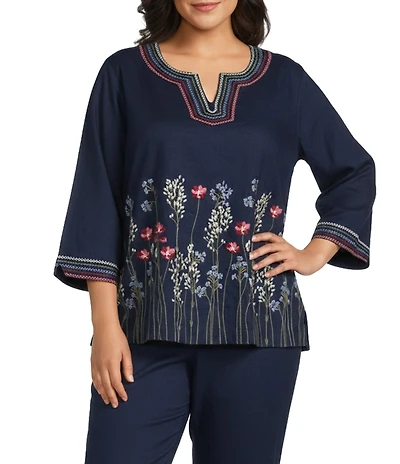 John Mark Plus Size Linen Blend Embroidery Border Floral Split V-Neck 3/4 Sleeve Tunic