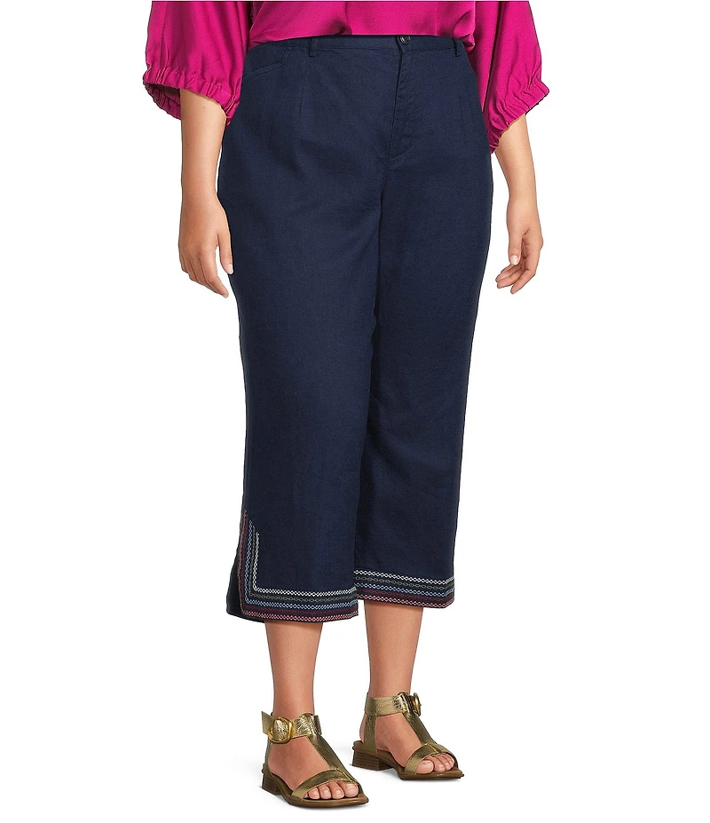 John Mark Plus Size Linen Blend Straight High Rise Embroidery Pants
