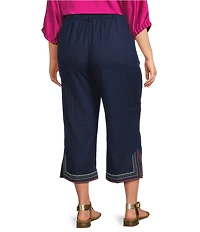 John Mark Plus Size Linen Blend Straight High Rise Embroidery Pants
