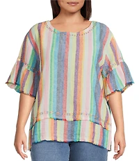 John Mark Plus Size Linen Yarn-Dye Stripe Scoop Neck Short Flounce Sleeve Top