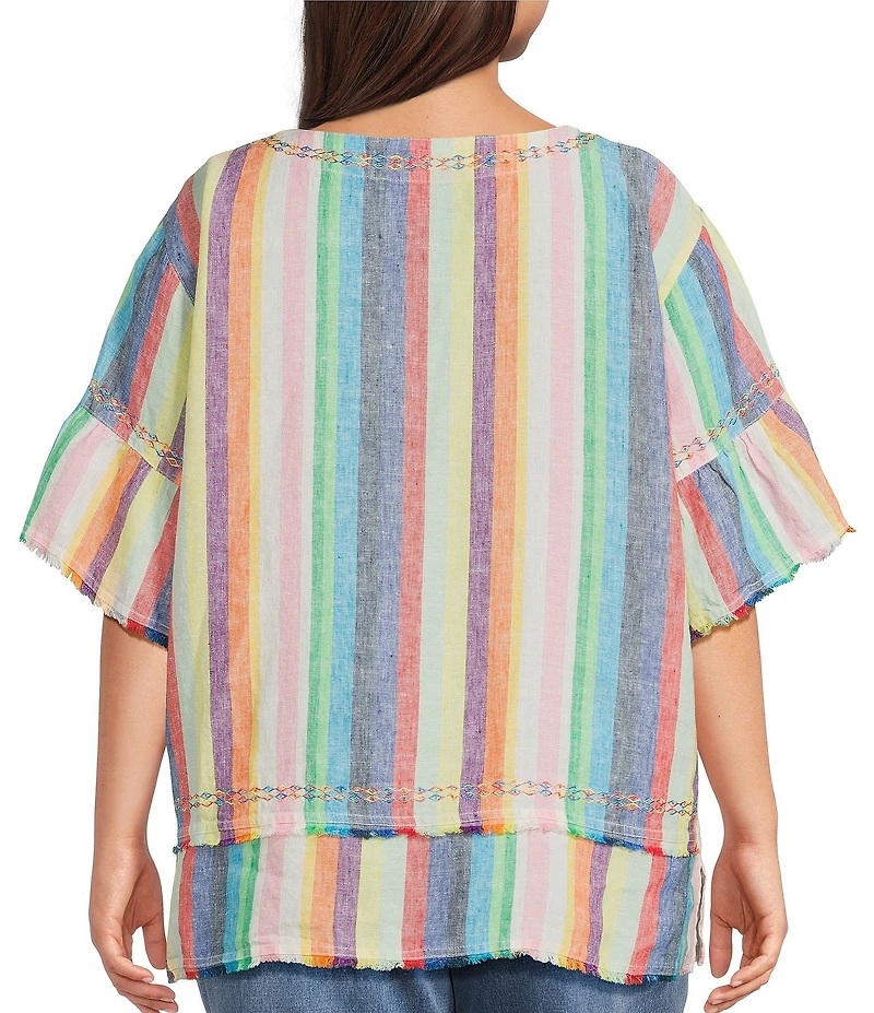 John Mark Plus Size Linen Yarn-Dye Stripe Scoop Neck Short Flounce Sleeve Top