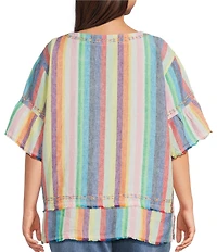 John Mark Plus Size Linen Yarn-Dye Stripe Scoop Neck Short Flounce Sleeve Top