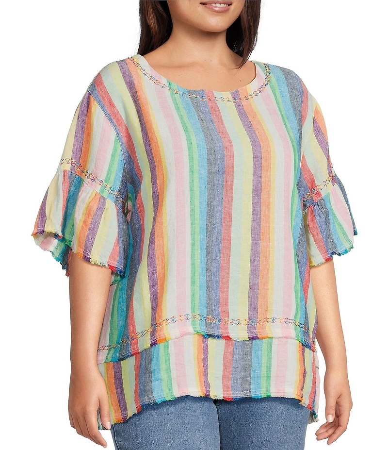 John Mark Plus Size Linen Yarn-Dye Stripe Scoop Neck Short Flounce Sleeve Top