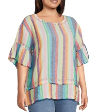 John Mark Plus Size Linen Yarn-Dye Stripe Scoop Neck Short Flounce Sleeve Top