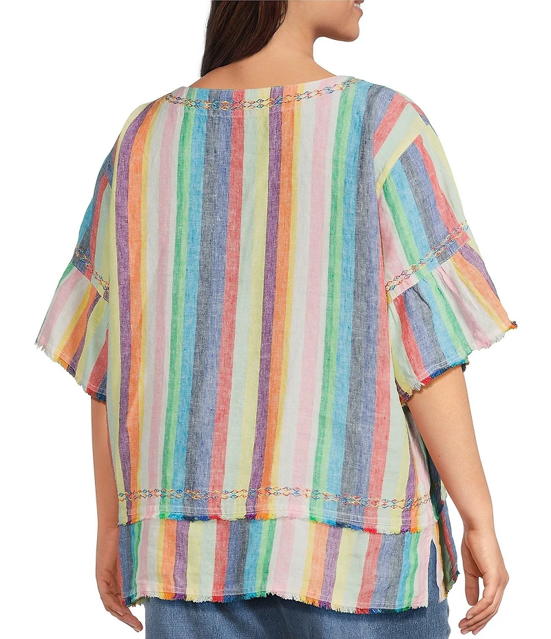 John Mark Plus Size Linen Yarn-Dye Stripe Scoop Neck Short Flounce Sleeve Top