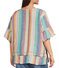 John Mark Plus Size Linen Yarn-Dye Stripe Scoop Neck Short Flounce Sleeve Top