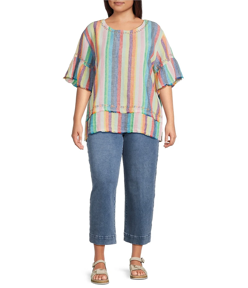 John Mark Plus Size Linen Yarn-Dye Stripe Scoop Neck Short Flounce Sleeve Top