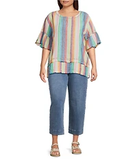 John Mark Plus Size Linen Yarn-Dye Stripe Scoop Neck Short Flounce Sleeve Top