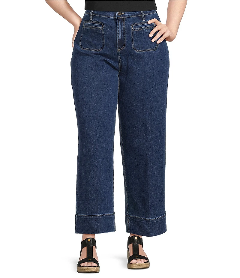 John Mark Plus Size Mid Waist Wide Leg Patch Pocket Denim Pants