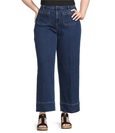 John Mark Plus Size Mid Waist Wide Leg Patch Pocket Denim Pants