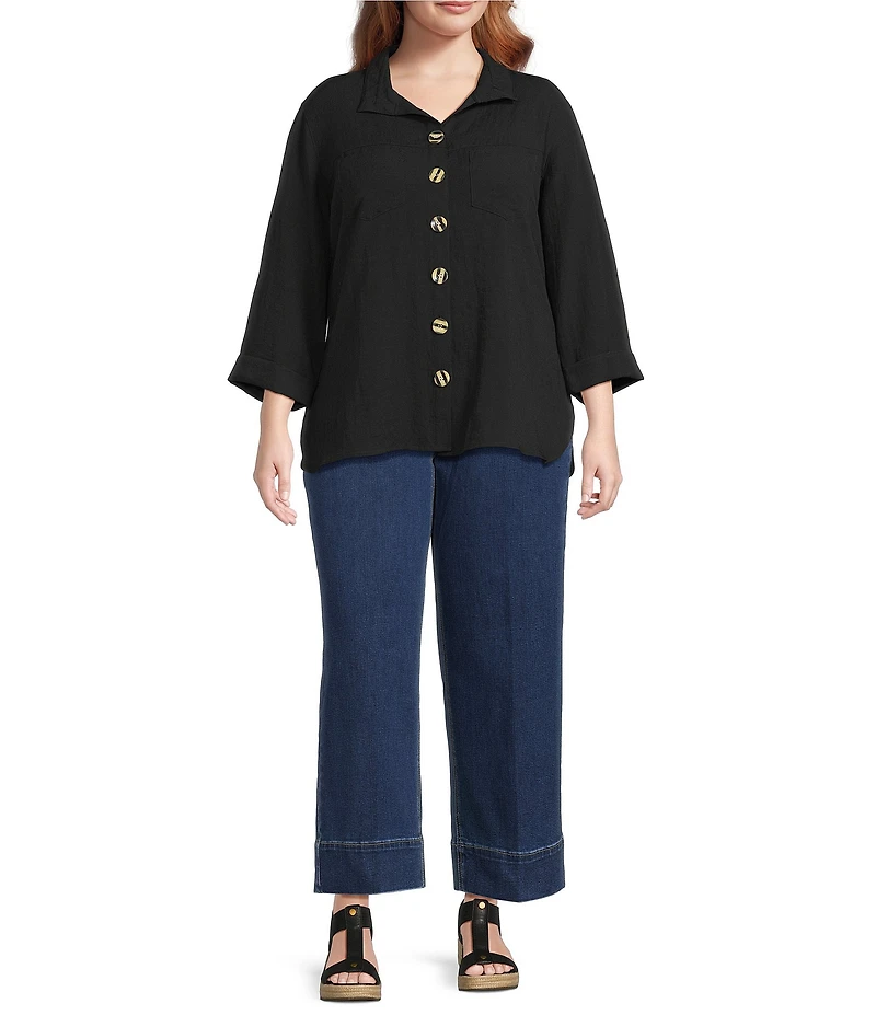 John Mark Plus Size Mid Waist Wide Leg Patch Pocket Denim Pants