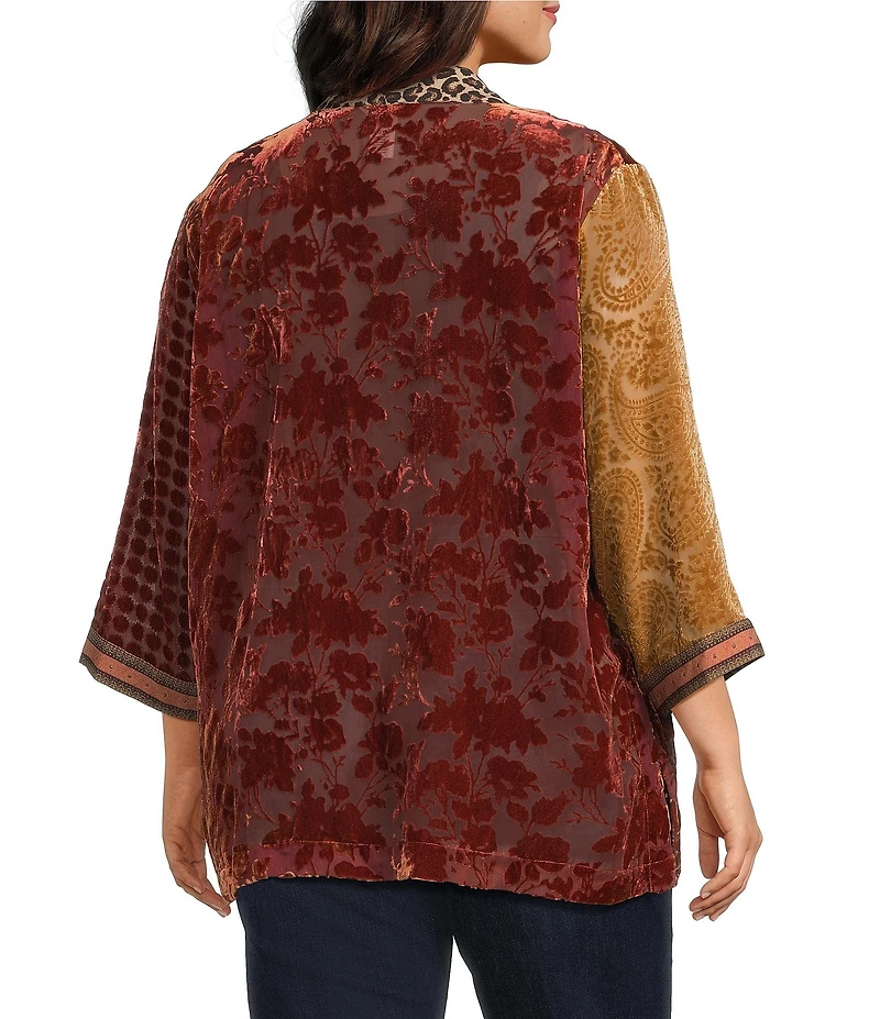John Mark Plus Size Mix Burnout Rhinestone Detail Open Front 3/4 Sleeve Kimono