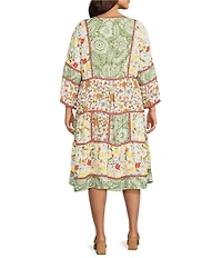 John Mark Plus Size Mixed Floral V-Neck 3/4 Sleeve Shift Dress