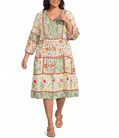 John Mark Plus Size Mixed Floral V-Neck 3/4 Sleeve Shift Dress