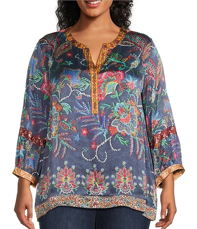 John Mark Plus Size Multi Mixed Floral Button Up Y-Neck 3/4 Sleeve Tunic