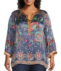 John Mark Plus Size Multi Mixed Floral Button Up Y-Neck 3/4 Sleeve Tunic