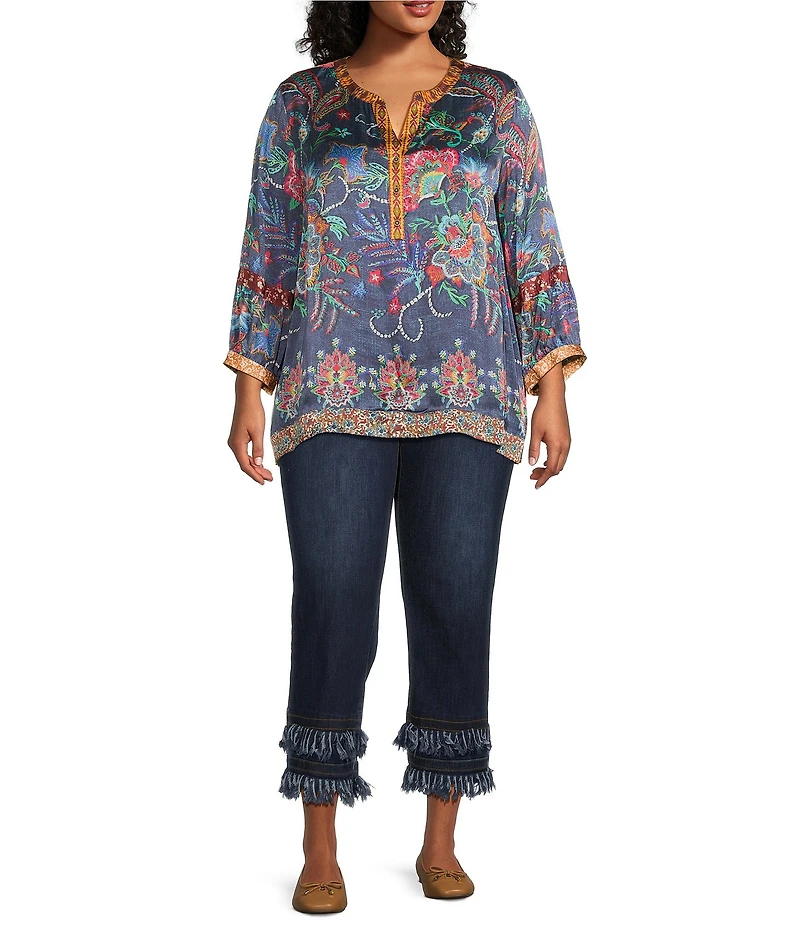 John Mark Plus Size Multi Mixed Floral Button Up Y-Neck 3/4 Sleeve Tunic