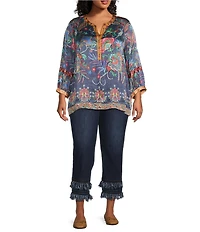 John Mark Plus Size Multi Mixed Floral Button Up Y-Neck 3/4 Sleeve Tunic