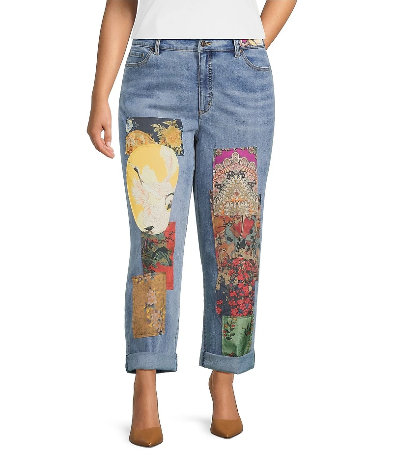 John Mark Plus Size Multi Patch Print 5-Pocket Denim Boyfriend Jeans