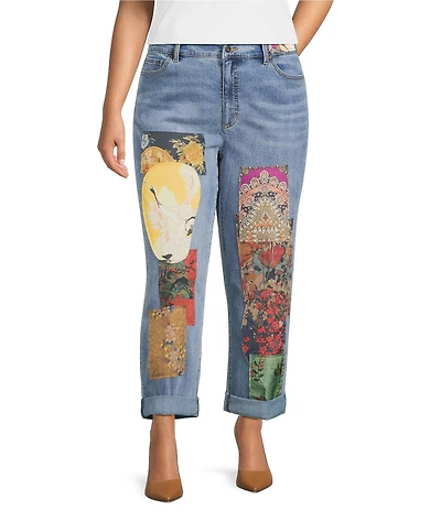 John Mark Plus Size Multi Patch Print 5-Pocket Denim Boyfriend Jeans