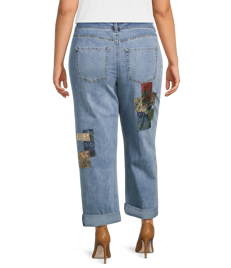 John Mark Plus Size Multi Patch Print 5-Pocket Denim Boyfriend Jeans