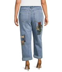 John Mark Plus Size Multi Patch Print 5-Pocket Denim Boyfriend Jeans
