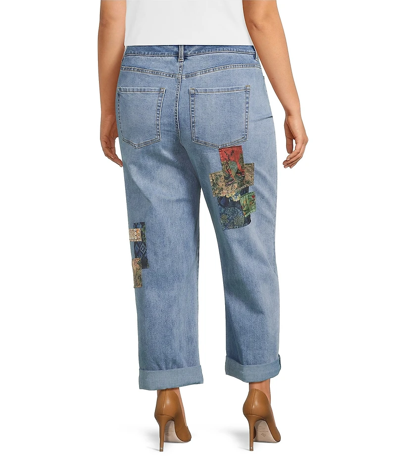 John Mark Plus Size Multi Patch Print 5-Pocket Denim Boyfriend Jeans