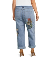 John Mark Plus Size Multi Patch Print 5-Pocket Denim Boyfriend Jeans
