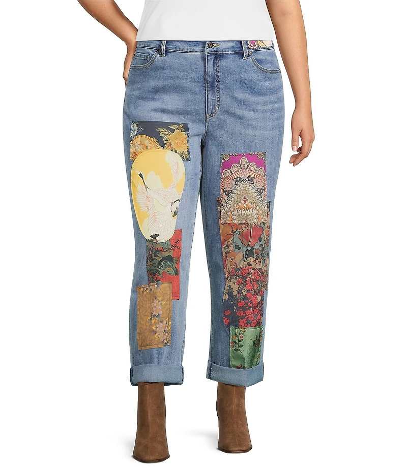 John Mark Plus Size Multi Patch Print 5-Pocket Denim Boyfriend Jeans