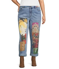 John Mark Plus Size Multi Patch Print 5-Pocket Denim Boyfriend Jeans