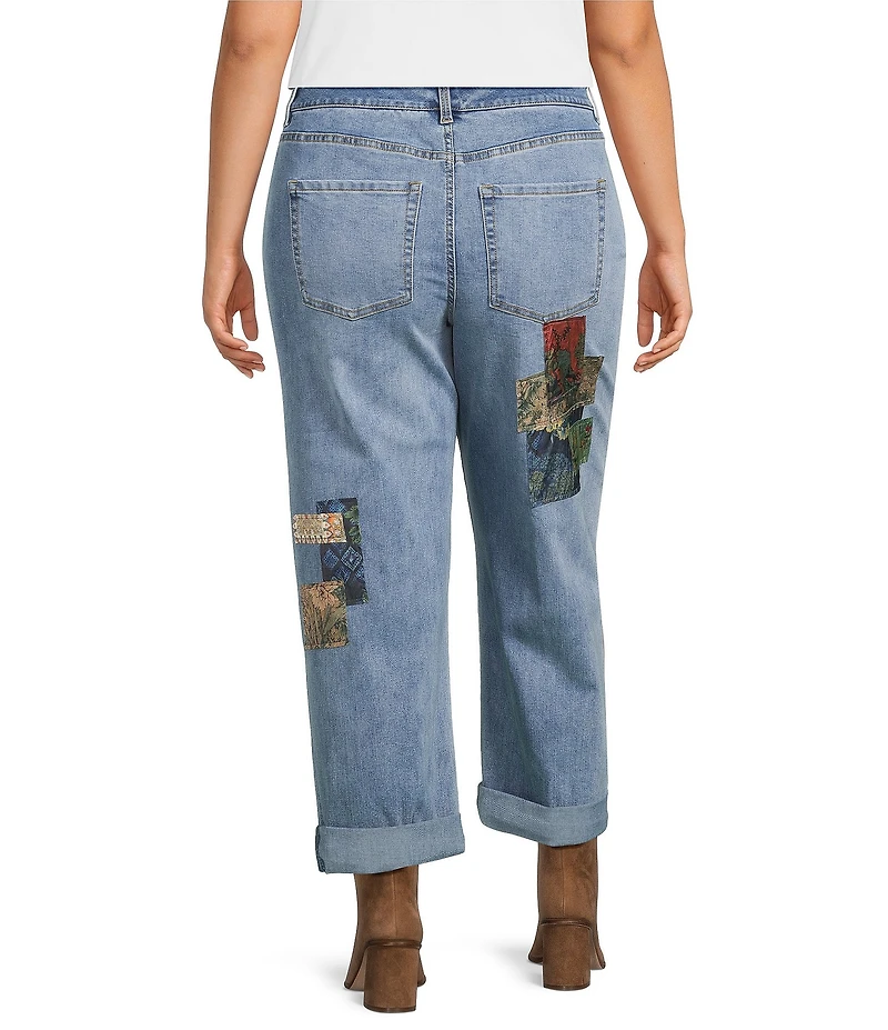 John Mark Plus Size Multi Patch Print 5-Pocket Denim Boyfriend Jeans